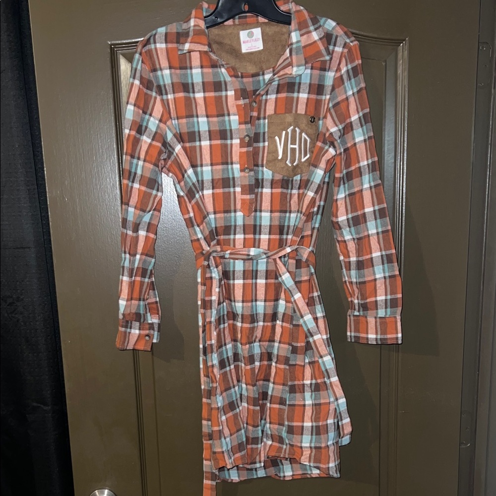 Plaid Monogrammed Button-Up Dress with Belt